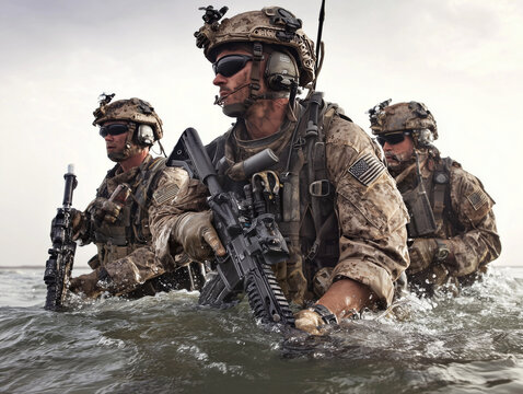 Us navy seals wading through water with weapons