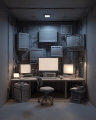 Fototapeta premium Minimal modern office workspace with computers and desks, representing productivity, organization, and professional work environment