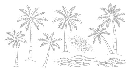 Obraz premium Hand drawn sketch collection of tropical palm trees and waves.