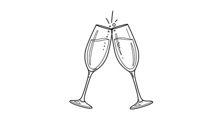 Hand drawn sketch of two champagne glasses clinking together. © Dika