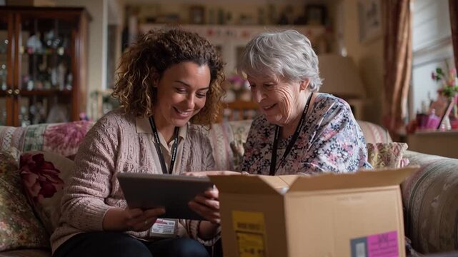 Community Support Worker Helping Senior Use Tablet at Home