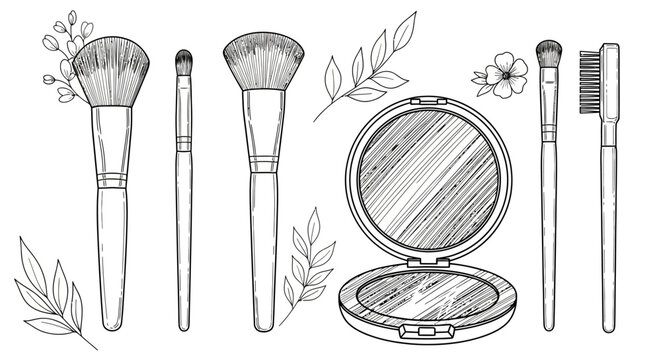 Hand drawn sketch collection of makeup brushes and compact powder mirror.