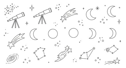 Hand-drawn astronomy elements set with telescopes, moon phases, and constellations. © Dika