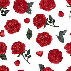 Seamless pattern for Valentines day with hand draw watercolor red rose and pearl isolated on white background. Romantic composition.