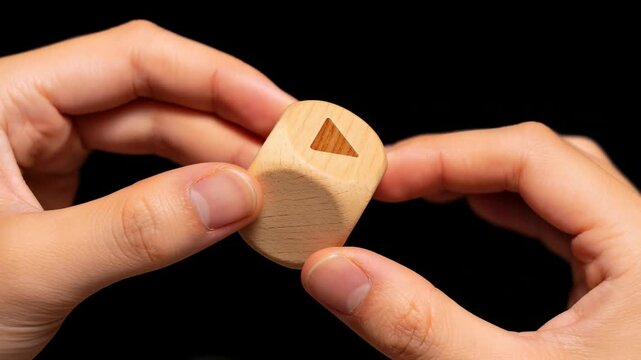 再生ボタン付き木製ブロックを指先で持つミニマルデザイン