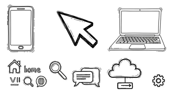 Hand-drawn doodle style icons representing technology and internet concepts.