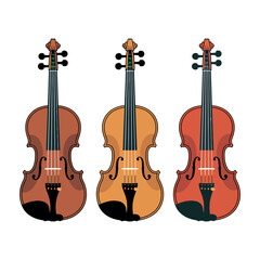 Fototapeta premium Three colorful violins standing upright side by side on a white background