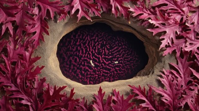 A detailed image with ruby red leaves surrounding a cavity filled with textured dark purplish surface