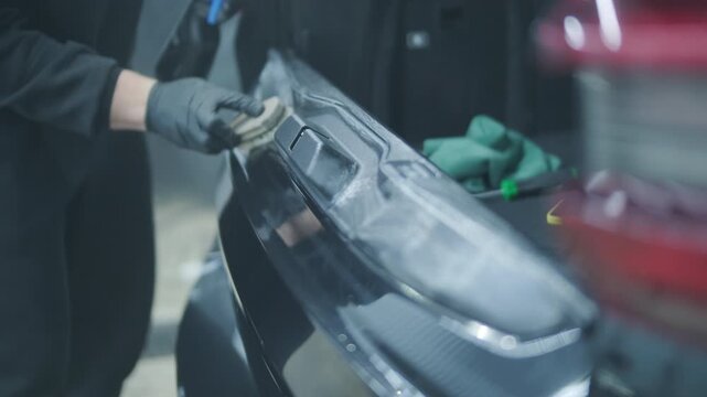 Professional mechanic wiping rear bumper of black luxury SUV with microfiber cloth. Worker cleaning car trunk area with toolbox and equipment placed on the open tailgate