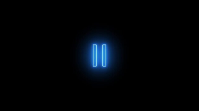 Animation of blue neon light play button turning to pause in center over black background.