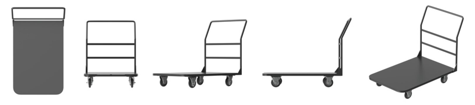 Set of industrial trolleys shown from different angles on a white background