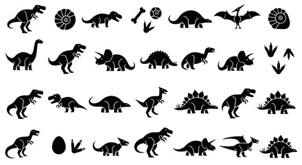 A comprehensive collection of black silhouette dinosaur icons, including various species, fossils, bones, eggs, and footprints, on a clean white background. © Muhammadagil