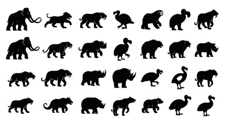 Silhouettes of various prehistoric and extinct animals including mammoths, saber-toothed tigers, woolly rhinos, dodos, and giant sloths.
