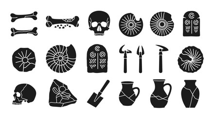 A collection of black silhouette icons depicting various archaeological artifacts, ancient tools, human skulls, bones, fossils, and pottery shards on a white background. © Muhammadagil
