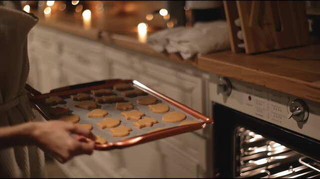 A close-up of hands placing a baking sheet of Christmas cookies into the oven. The process of homemade baking, the festive atmosphere, and holiday preparation.