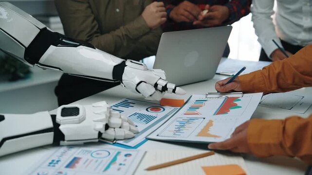 Professionals at a strategic retreat welcome artificial intelligence to refine relevant metrics, empowering a consultant to craft marketing plays for business gains. Noogenesis AI