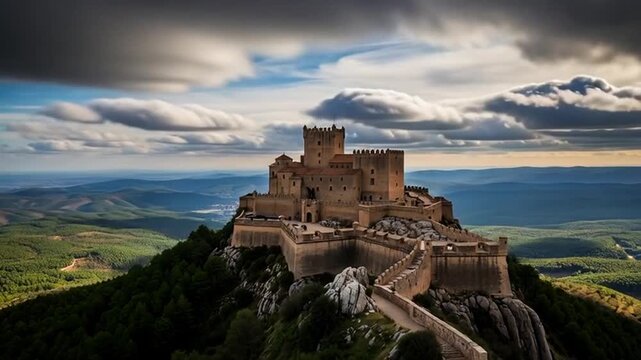 Castle on the Horizon: A formidable medieval castle stands majestically atop a rugged hill, its weathered stone walls a testament to history and resilience.