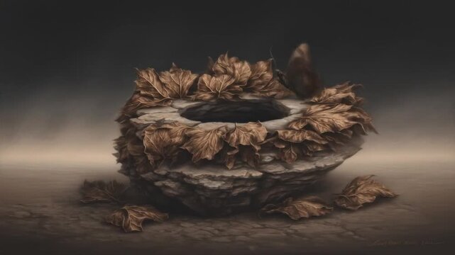 A weathered stone pot covered in fallen leaves with a butterfly on top. Grayscale palette