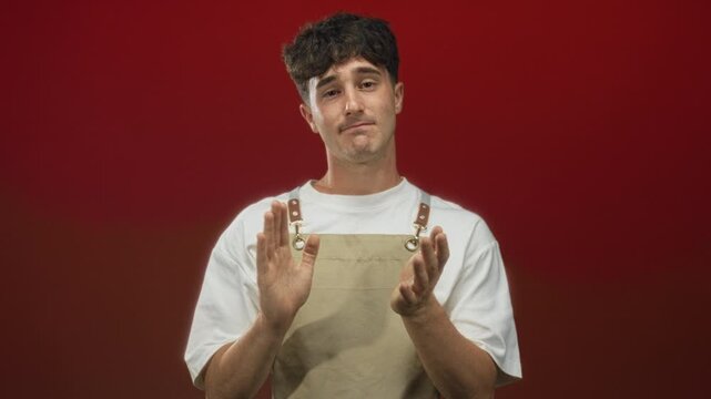 Man clapping hands wearing beige apron and white t shirt in red studio set, slight smile with closed eyes and casual posture; quiet resignation modest acceptance.