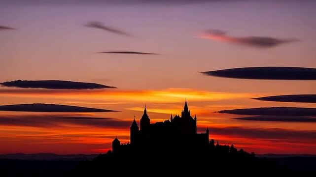 Silhouette of a Majestic Fortress: Witness the enchanting silhouette of a grand castle, its spires and ramparts set against a breathtaking sunset.