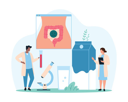 Lactose intolerance, food allergy to dairy products. Tiny people examine blood sample in test tube through microscope, warning about intolerant bowel and inflammation cartoon vector illustration