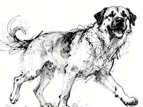 Minimalist abstract sketch series : happy Anatolian Shepherd dog, isolated studio portrait of a canine pet in pure white background 007