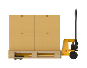 Yellow pallet jack lifting a wooden pallet with four stacked cardboard boxes on white