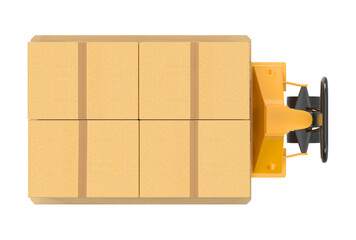 Obraz premium Overhead view of a yellow forklift carrying a stack of four large cardboard boxes on a pallet