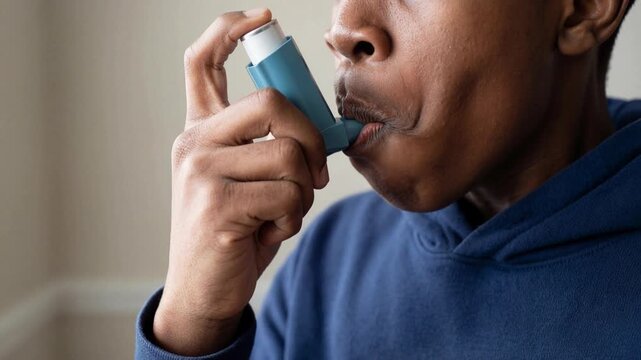 Young boy using inhaler for asthma treatment