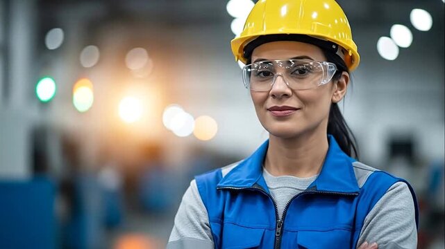 Confident Female Engineer or Factory Worker Wearing a Yellow Hard Hat and Safety Glasses, Standing in a Modern Industrial Environment.