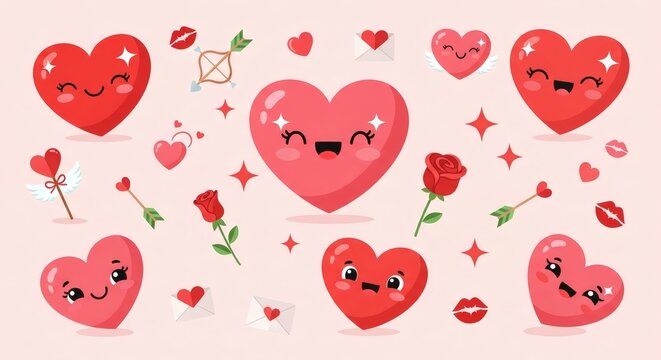 Happy Valentines Clipart Collection Featuring Hearts and Roses Illustration