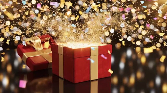 Luxurious Red Velvet Gift Box with Gold Ribbon Unboxing Confetti Explosion Sparkling Bokeh Lights Festive Celebration Present