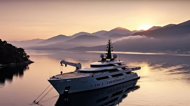 Cinematic Serene Hazy Dawn over Luxury Explorer Superyacht Anchored in Mountain Bay
