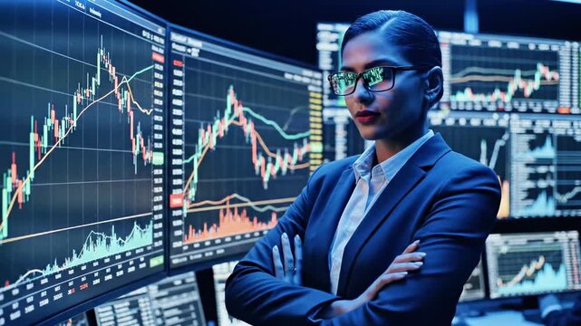 A woman in a business suit interacts with a large screen displaying stock market charts and graphs in a dimly lit room with multiple screens