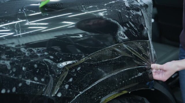 Professional detailer installing Paint Protection Film (PPF) on car B-pillar. Close-up of hands using squeegee and knife to apply transparent anti-gravel vinyl.