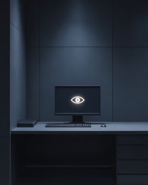 Empty control desk with a small eye icon softly glowing on a blank monitor, monitoring state without action