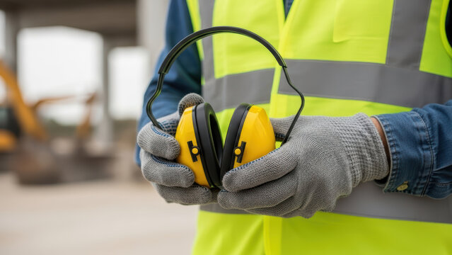 Construction worker in safety vest and gloves holding protective ear muffs at industrial worksite, promoting hearing protection, workplace safety, and occupational health practices