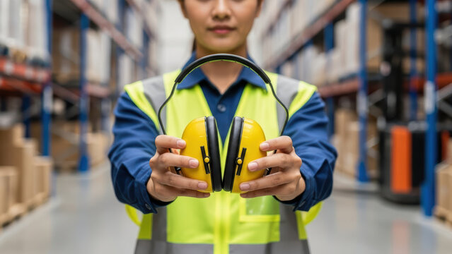 Warehouse worker in safety vest holding protective earmuffs forward in storage aisle, promoting workplace hearing protection, industrial safety equipment and occupational health awareness
