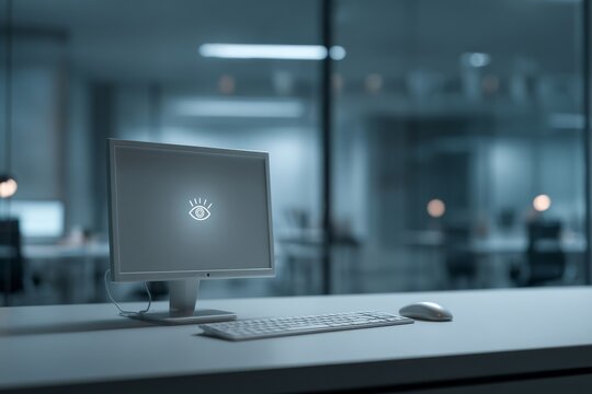Empty control desk with a small eye icon softly glowing on a blank monitor, monitoring state without action