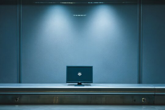 Empty control desk with a small eye icon softly glowing on a blank monitor, monitoring state without action