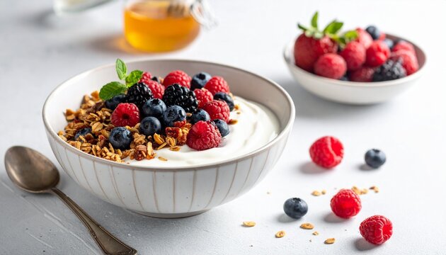 Healthy German Breakfast with M&uuml;sli and Quark. German Food Close Up