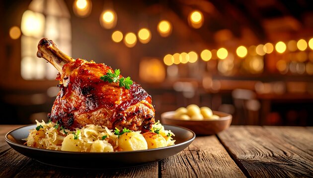 Bavarian Schweinshaxe Crispy Pork Knuckle. German Food Close Up