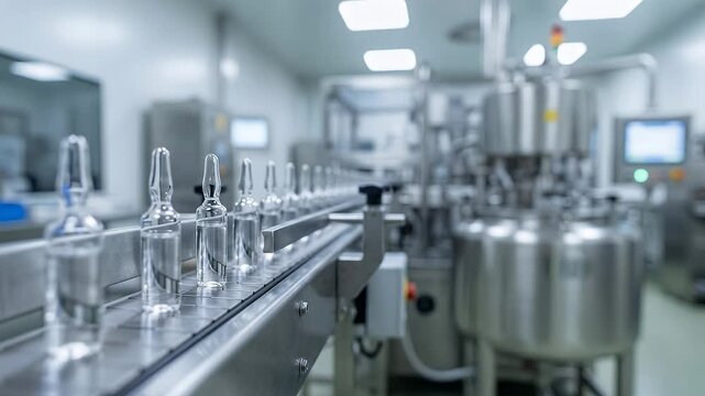 Pharmaceutical sterile production line with glass ampoules being transported on conveyor belt in aseptic manufacturing facility, static camera