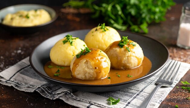 German Bread and Potato Dumplings. Kn&ouml;del Dumplings German Food Close Up