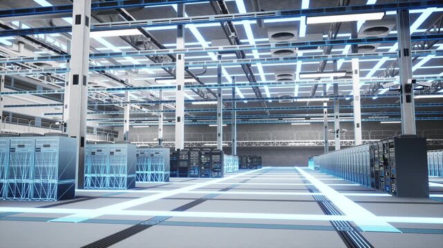 Quantum computing in data center used for scientific complex calculations research. Server farm equipment with advanced processing power, futuristic visual effects simulation