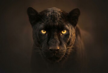 Low-key portrait of a black panther in the shadows with glowing yellow eyes