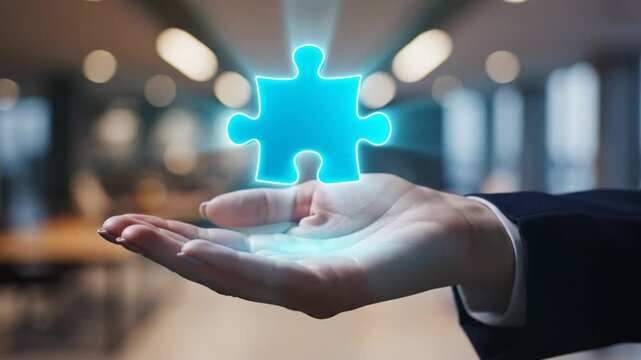 A hand holding a glowing blue puzzle piece, symbolizing solution and teamwork. The image conveys concepts of business, innovation, and problem-solving