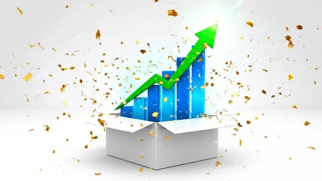 An image of a rising graph and growth trend emerging from a box, indicating financial progress and positive outcomes. The green upward arrow and bar graph represent success.