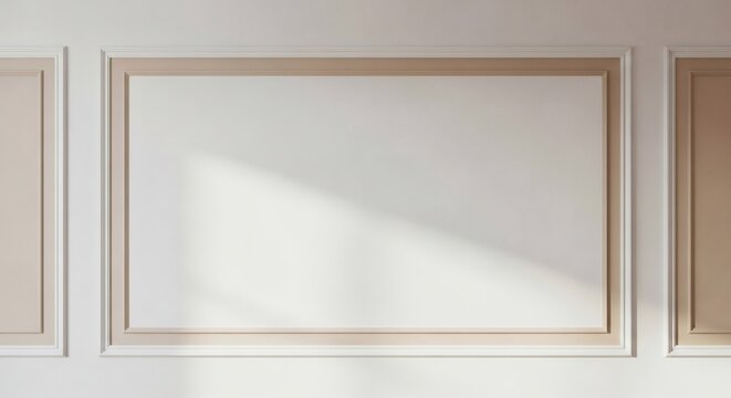 Elegant Empty White Wall with Classic Beige Picture Frame Moulding and Soft Sunlight Shadow &ndash; Modern Interior Mockup