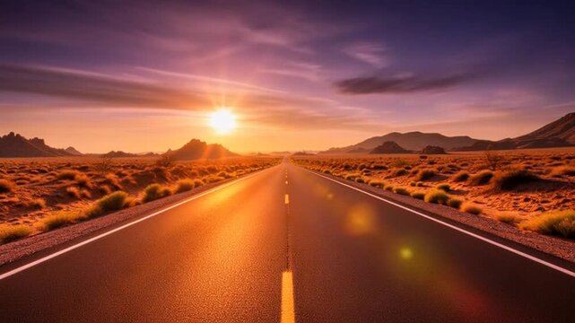 Open Road to the Horizon: A scenic view of a desert road stretching towards the horizon, bathed in the warm glow of the setting sun, evoking a sense of adventure, freedom, and endless possibilities. 